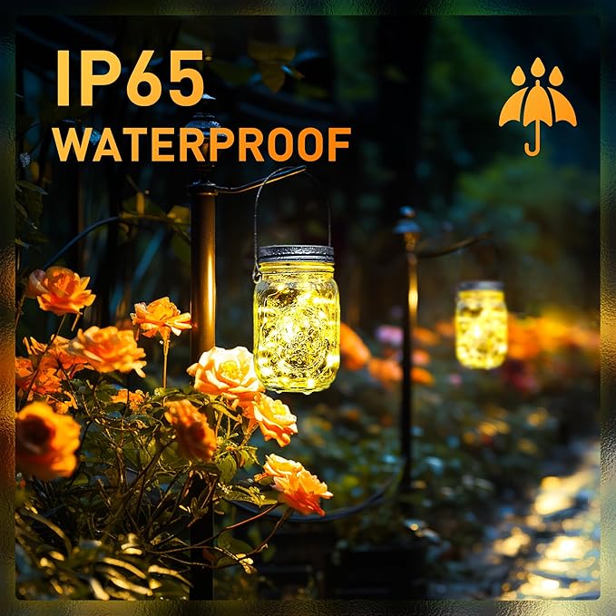 GIGALUMI Hanging Mason Jar Solar Lights, 6 Pack 30 Led Tinplate Lids Hanging Solar Lanterns Outdoor Waterproof, Hangers and Jars Included, Outdoor Decor for Balcony, Garden, Patio, Yard, Wedding