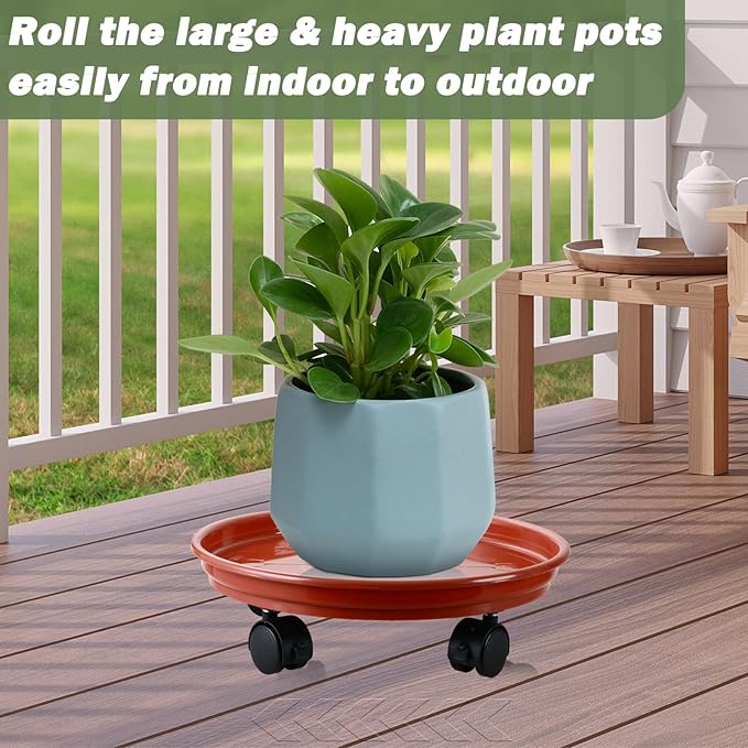 6 Packs Plastic Plant Caddy with Wheels 11.8" Plastic Rolling Plant Stands Heavy-Duty Plant Dolly with Casters Indoor and Outdoor Plant Roller Base Wheels, Rust Red