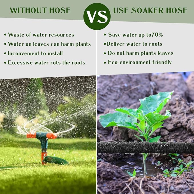 Sasylvia 1/4 in Drip Irrigation Tubing Soaker Hose System with 2GPH Drip Irrigation Emitters, Porous Drip Line Irrigation for Vegetable Garden Beds, Planters, Flower(10 Pcs,100ft)