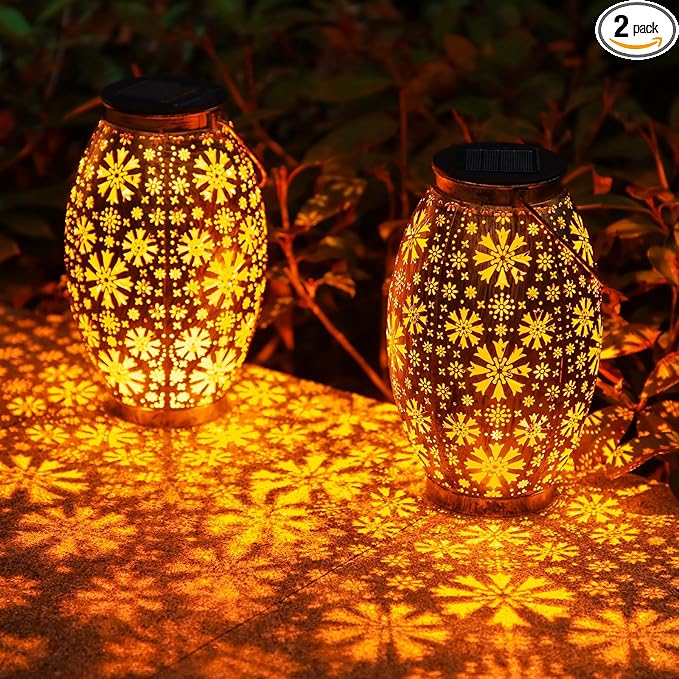 Solar Lanterns Outdoor Waterproof - 2 Pack Hanging Solar Lights Outdoor, Halloween Decorative Retro Metal Lanterns with Handles for Yard, Patio, Tabletop, Pathway, Gardening Gifts for Women Men