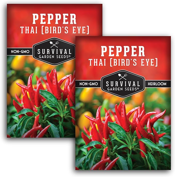Survival Garden Seeds - Thai Pepper Seed for Planting - 2 Packets with Instructions to Plant & Grow Spicy Hot Bird's Eye Chili Peppers in Your Home Vegetable Garden - Non-GMO Heirloom Variety