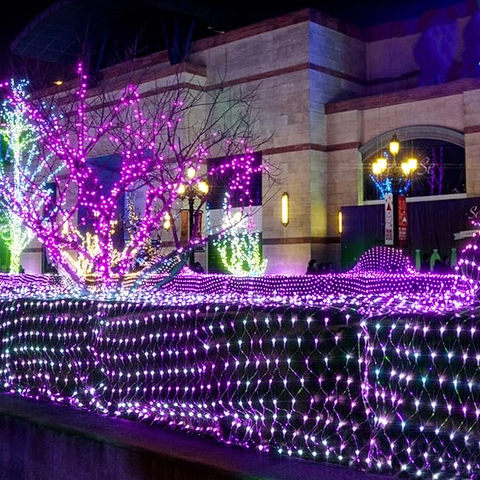 WATERGLIDE Outdoor Halloween Net Lights, 12FT x 5FT 360 LED Christmas Fairy Mesh Lights with 8 Lighting Modes, Connectable for Garden Xmas Tree, Bushes, Holiday Wedding Party Decorations, Purple