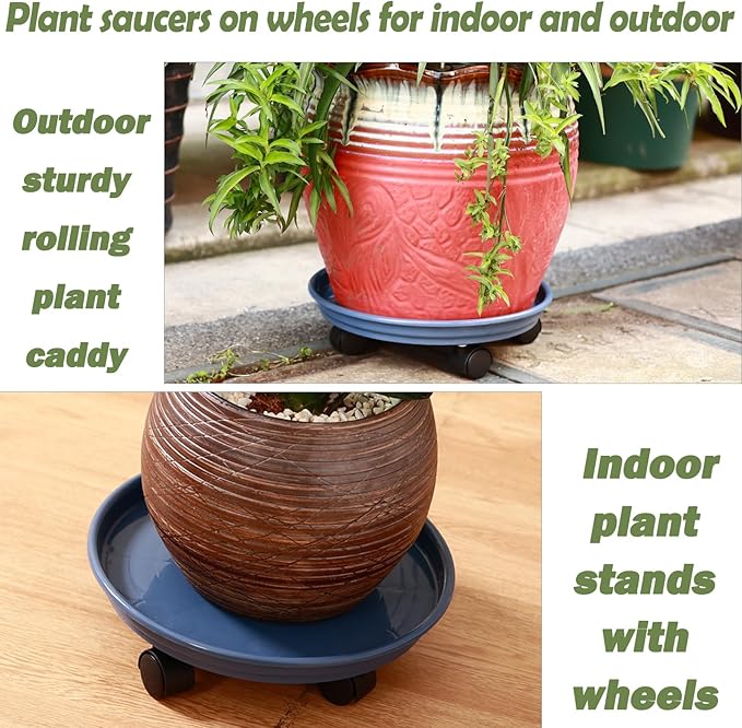 6 Packs Plant Caddy with Wheels 12" Plastic Rolling Plant Stands Heavy-Duty Plant Dolly with Casters Indoor Outdoor Plant Roller Base Plant Saucers on Wheels Plant Mover Coaster, Brown