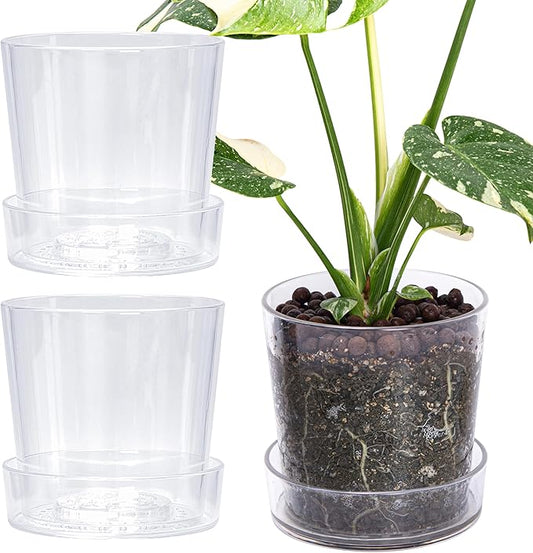 Phoenix Vine 6.5 Inch Clear Acrylic Planter Pot with Tray, Orchid Pot with Drainage Holes, Deep Saucer for Bottom Watering, Transparent Containers for Indoor Plants, Herbs, Set of 3, 91-A-F-3