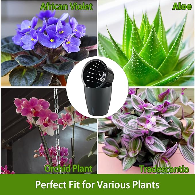Planterhoma 6.7 Inch Self Watering Pots for Indoor Plants, 6 Packs African Violet Pots with Water Indicator and Black Wick Pots, Self Watering Planters for Devil's Ivy, Indoor Plant Pots, Grey Gold