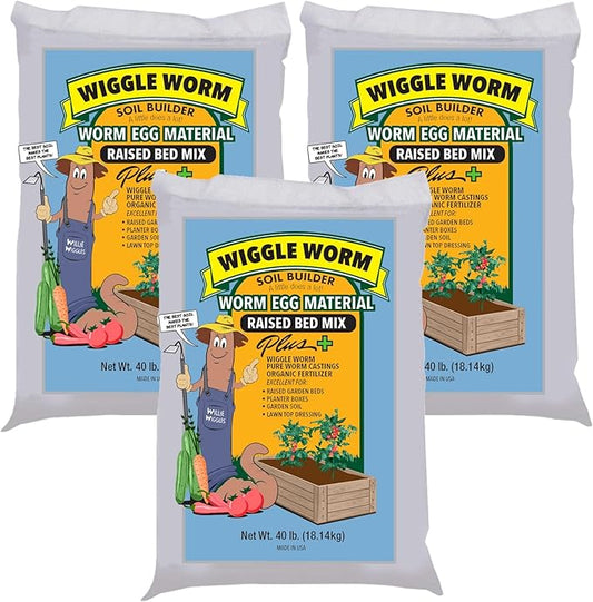 Soil Builder Raised Bed Mix, 40 Pound Bag - Worm Egg Material Mixed with Odor Free Wiggle Worm Pure Worm Castings - All Organic - Ready to Add Direct to Raised Bed, Planter, etc., Pack of 3