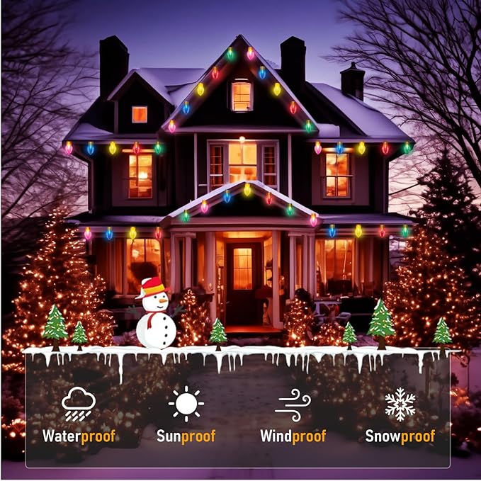 Jumbo Xmas String Lights, 16FT Large Multicolored Bulbs Christmas Hanging Lights with C7 10 LED Giant Multicolor Bulbs, Outdoor Vintage Christmas Decorations for Holiday Home Tree Roof Yard Garden