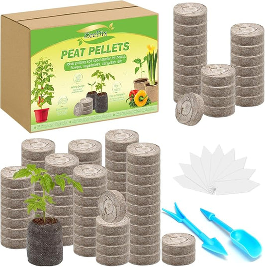 ZeeDix 100 Pcs 30mm Peat Pellets Seed Starter Soil Pods Plugs for Vegetable Seedling, Compressed Peat Nutrient Pods for Planting Easy Transplant with 100 Plant Labels & 2 Garden Tools