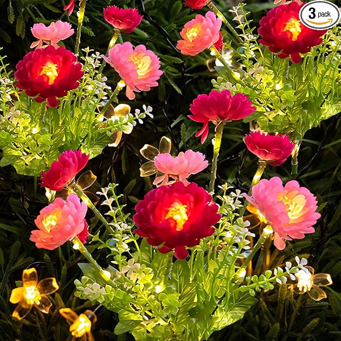 3 Branches Solar Lights, Outdoor Garden Decoration - 7 Snow Lotus Solar Garden Lights, Waterproof Solar Outdoor Lights, Auto On/Off, Garden, Yard Solar Decoration Lights (Red, 3 Pack)