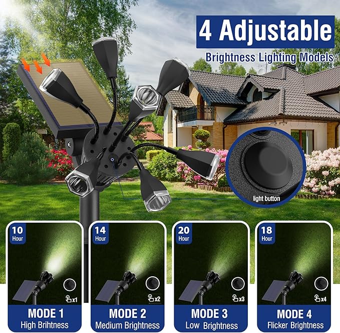 Solar Lights Outdoor Waterproof IP68, 360° Adjustable 4 Modes Solar Powered Spot Lights for Yard Garden Landscape, Bright Led Flood Lightings for Outside Wall Tree House Pathway (Cold White/4 Pack)