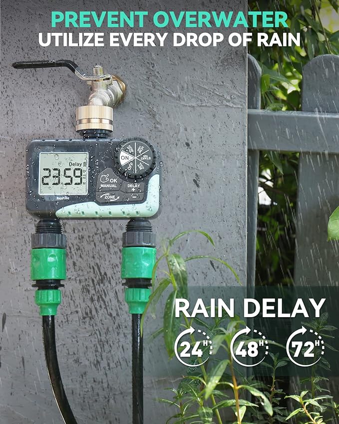 RAINPOINT Water Timer for Garden Hose - Sprinkler Timer with Brass Swivel - Rain Delay/Manual Watering/Automatic Irrigation Controller System Hose Timer Programmable Faucet Timer for Yard, 2 Outlet