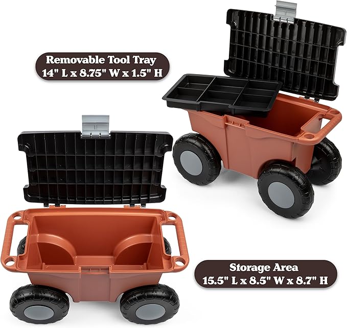 Pure Garden Rolling Garden Cart with Seat - Plastic Storage with Bench and Tool Tray - Gardening Stool for Weeding or Planting (Terracotta)