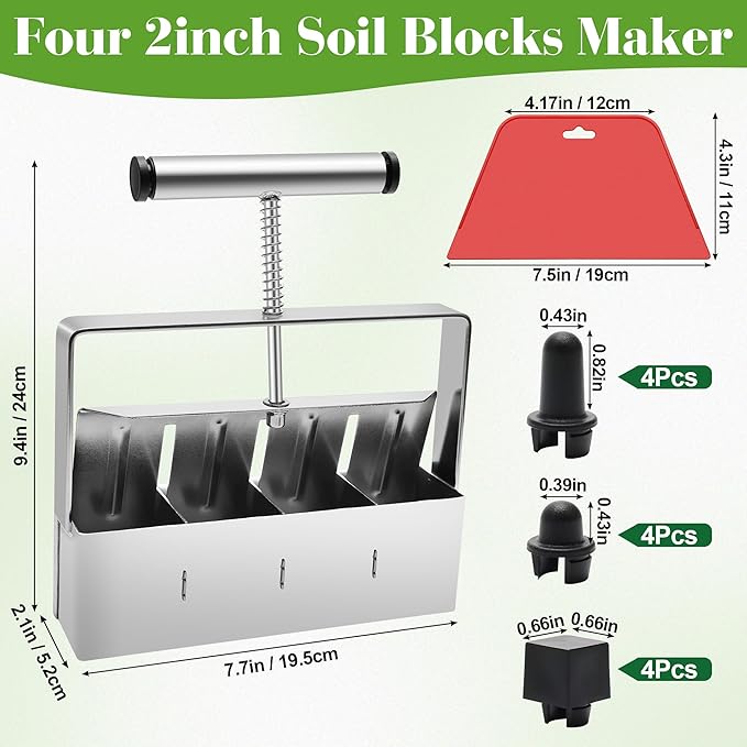 Stainless Steel Soil Blocker for Seed Starting, 4 Cell Blokers Make Tool 2-inch Standard Blocks Soil Block Maker with Scraper &Three Sizes Seed Pins
