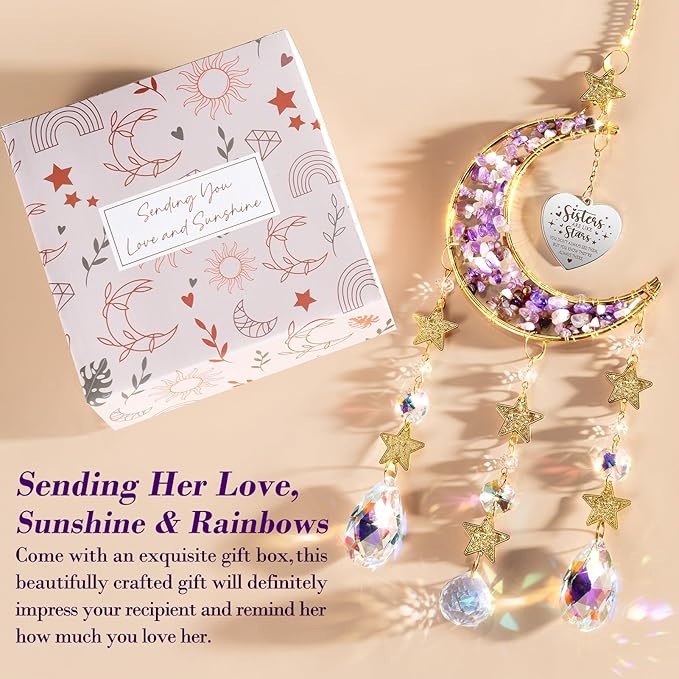 Sisters Gifts from Sister for Sister from Brother, Best Sister Gifts Unique Sister Birthday Gifts for Sister in Law Soul Sister, Moon Crystal Suncatcher for Window Hanging Decor