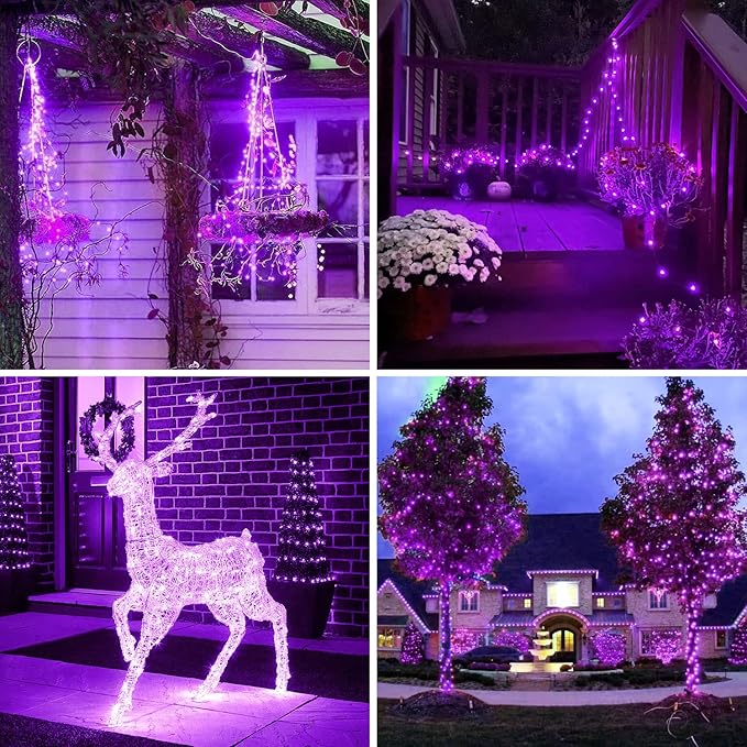 JMEXSUSS 4 Pack Purple Solar String Lights Outdoor Waterproof, 100 LED 33ft Purple Solar Fairy Lights, 8 Modes Copper Wire Christmas Light for Halloween Christmas Garden Yard Tree Decor