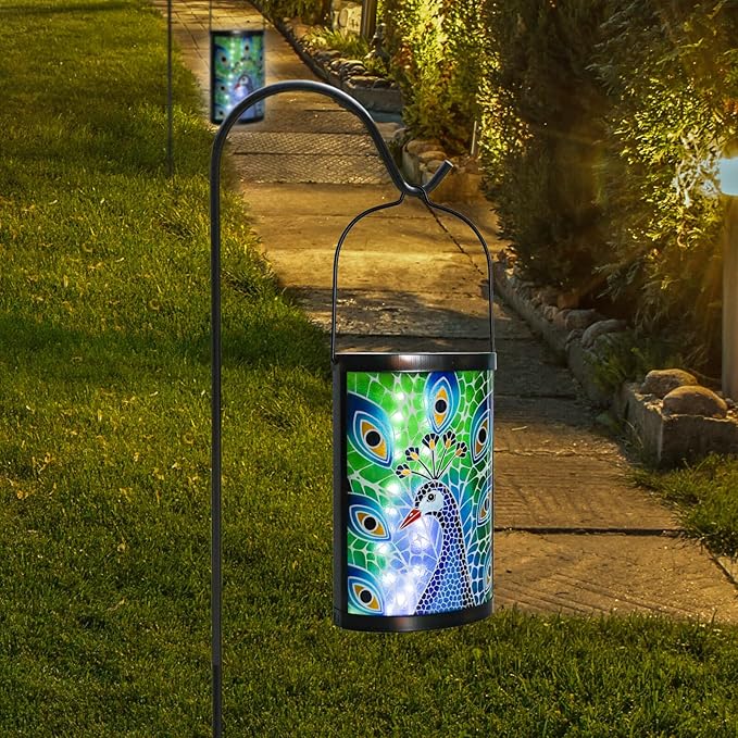 Hanging Solar Lantern Outdoor Waterproof Peacock Solar Lights Glass Tabletop Decorative Lamp for Outdoor Patio Garden Outside Yard Decor