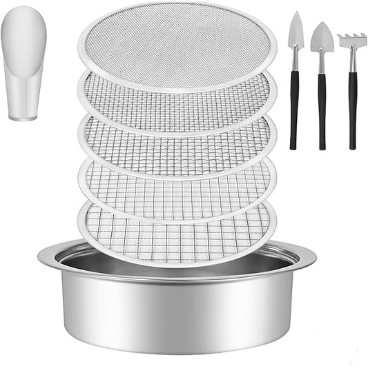 LABALPHA Soil Sifter Garden Sieve Set, Stainless Sifting Pan Soil Sand Sieve with 4pcs Garden Shovels, 9.4" Sifting Pan Contain 5 Sieve Mesh (0.039", 0.118", 0.236",0.354",0.472")