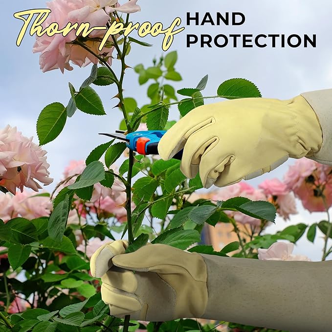 HANDLANDY Pruning Gloves Long for Men & Women, Rose Thorn Proof Gardening Gloves- Gardening Gifts for Gardeners (Beige- goatskin, Small (Pack of 1))