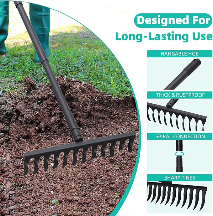 60 Inch Rake for Gardening Leveling Rake Heavy Duty Rake Tool with 12 Tines Adjustable Long Handle Thatch Rake for Loosening Soil Leveling Mulch Gathering Leaves, Black