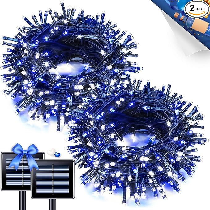 JMEXSUSS 2 Pack Blue and White Solar String Lights, Each 100 LED 33ft Solar Christmas Lights Outdoor Waterproof, 8 Modes Green Wire Solar Lights for Outside Garden Patio Party Decoration