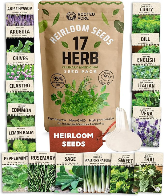 17 Herb Culinary Seed Vault - 5200+ Herbs Seeds for Planting Indoor or Outdoor Garden - Heirloom, Non GMO | Hydroponic Herb Garden Seeds with High Germination | Cilantro, Mint, Chives, Basil, Parsley