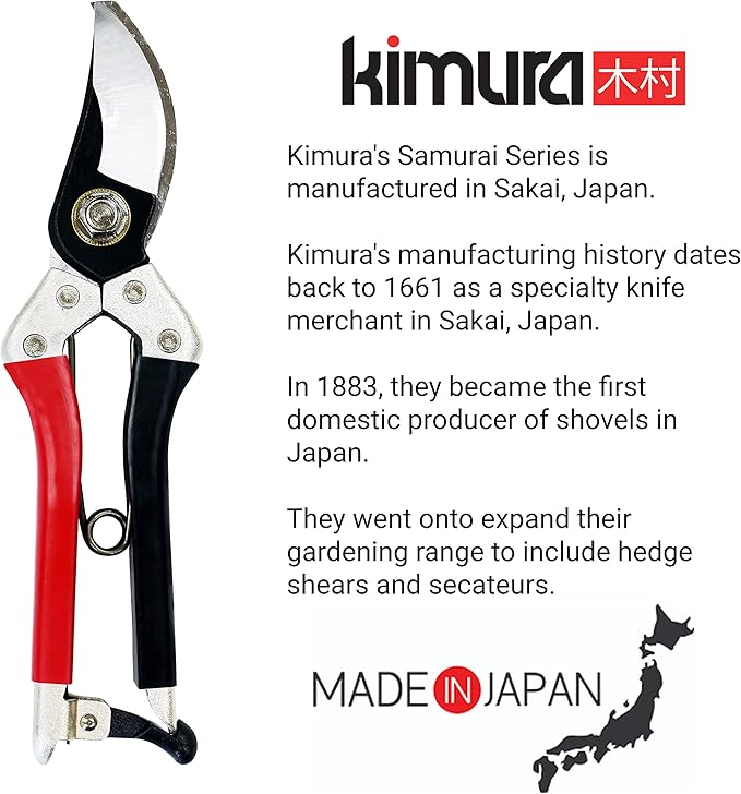 Kimura® 8" Samurai Garden Pruning Shears, [Made in Japan], Heavy Duty Premium Japanese Yasugi Steel Blades, Non-Slip Vinyl Coated Handles, Ergonomic, Japanese Bypass Pruning Shears