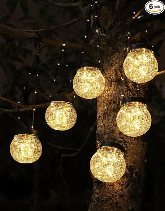 Solar Lanterns Solar Lights Outdoor Waterproof 6-Pack, Solar Powered Hanging Lights Cracked Glass Hanging Globes for Christmas Decoration, Shepherd Hook, Garden Tree Ornaments