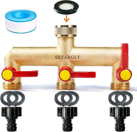 Brass Garden Hose Splitter,3 Way Hose Splitter with 3 Extension Handles, GHT 3/4”Outdoor Faucet Diverter for Irrigation System with Extra 1 Filter Rubber Washers 3 Quick Connectors 1 Tape