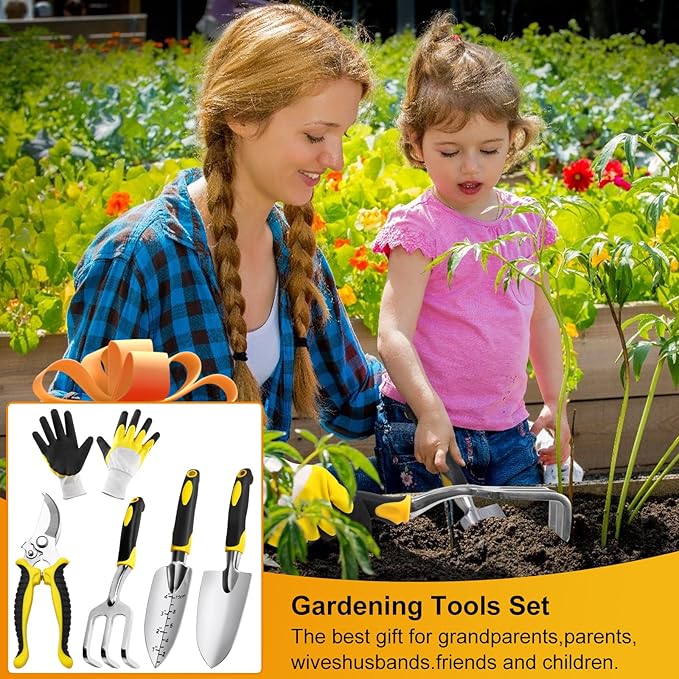 Garden Tools Set, 5 Pcs Gardening Tools with Non-Slip Rubber Grip, Including Transplanting Spade, Trowel, Cultivator, Pruner and Gardening Gloves, Ideal Garden Kit Gifts for Parents and Kids
