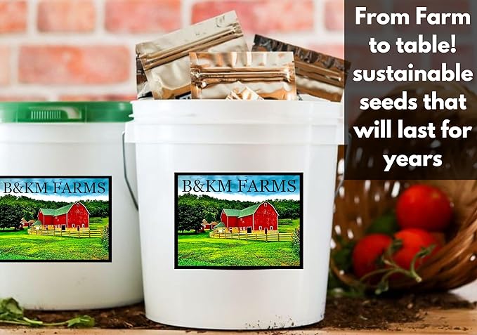 B&KM Farms 20,000+ Survival Seed Kit 5+ Year Supply. 30 Fruit & Vegetable Non-GMO Heirloom Seeds for Planting a Home Garden. Secure Emergency Weather-Proof Bucket