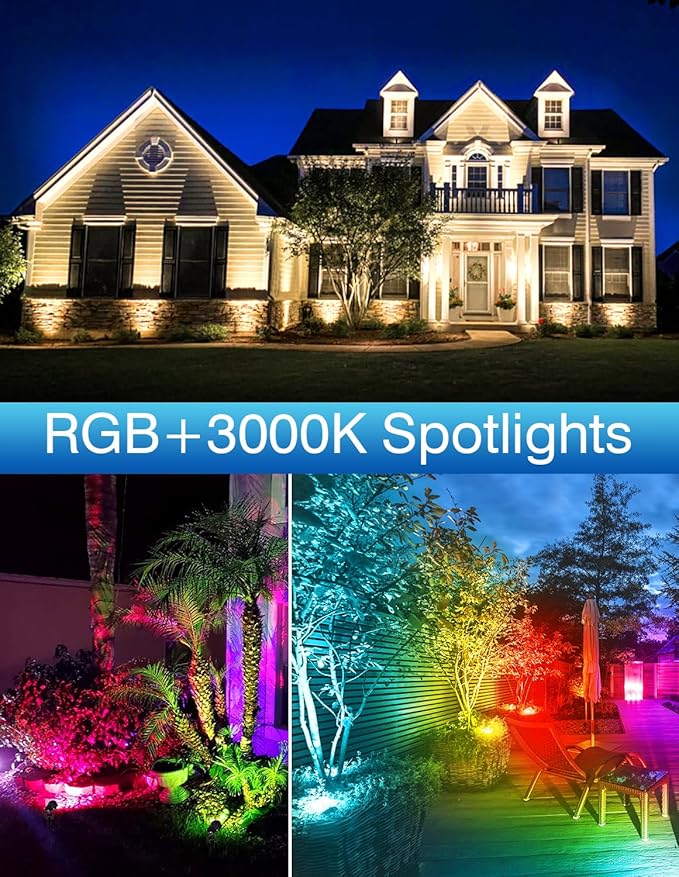 RGB Spotlights Outdoor, Color Changing Landscape Lights, Waterproof Spotlight with US Plug for Yard Tree Garden Path House Halloween Christmas Decoration, 4 Pack