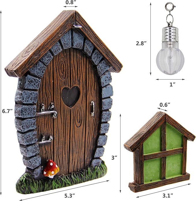 Juegoal Fairy Gnome Home Miniature Window and Door with Litter lamp for Trees Decoration, Glow in Dark Fairies Sleeping Door and Windows, Yard Art Garden Sculpture, Lawn Ornament Decor
