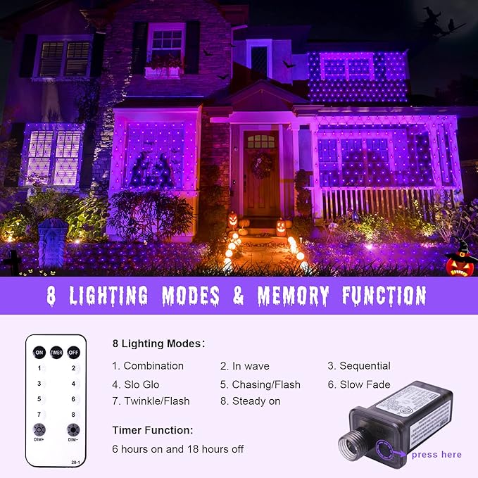 Purple Christmas Net Lights Outdoor - 360 LED Net Lights Waterproof with Remote, 12x5 ft Extendable 8 Modes Christmas Net Lights with Green Wire for Bushes Lawn Garden Shrubs Tree Backyard Decorations