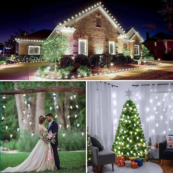 C9 LED Christmas Lights, 34FT 50 Bulbs Outdoor Christmas Decorations for House Waterproof String Lights Extendable Green Wire Fairy Lights for Patio Xmas Garden Party Wedding Holiday Indoor Pure White