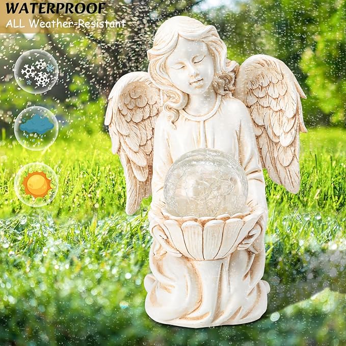 Angel Statues for Garden - Guardian Ange with Light - 8.3" Waterproof Outdoor Angel Memorial Scupture, Solar Angels Figurines Holding Glass Balls for for Patio, Yard, or Cemetery
