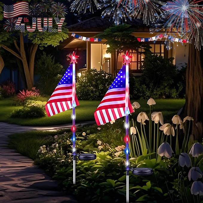 4th of July Decorations Outdoor Solar Lights, 2 Pack Red White and Blue Star Lights for National Day with American Flag, 2 Modes Waterproof Solar Patriotic Light for Independence Memory Day Yard Path