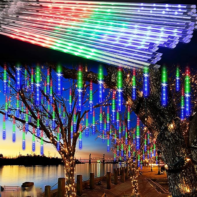 Meteor Shower Lights Outdoor Christmas Lights 24-Tube 576LEDs Snow Falling Rain Cascading Icicle Light for Christmas Tree Decorations Wedding Party Holiday Garden Decor, UL Plug Multi Color