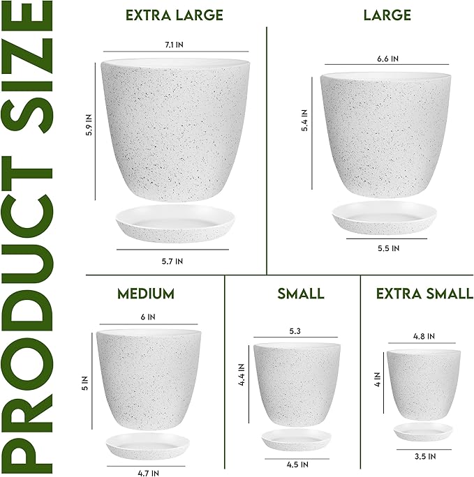 Utopia Home Plant Pots Indoor with Drainage - 7/6.6/6/5.3/4.8 Inches Decorative Flower Pots for Indoor Plants - Pack of 5 Spotty Grey Plastic Planters for Indoor Plants, Flowers Pot