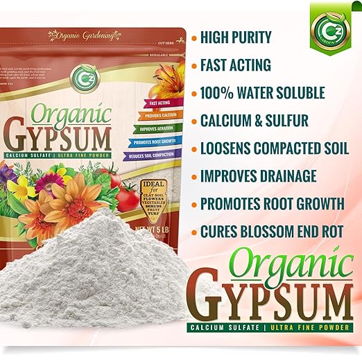 Organic Gypsum Powder 10LB - Made in USA - Calcium Sulfate Dihydrate - Garden Soil Amendment Fertilizer for Lawns, Plants, Mushroom Cultivation. Calcium & Sulfur. Cures Blossom End Rot. OMRI Listed