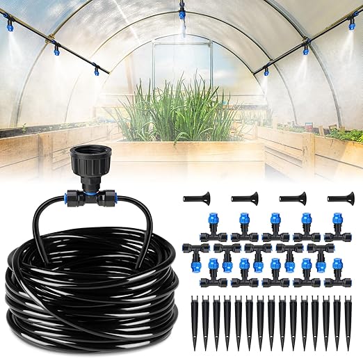 HIRALIY 59FT Greenhouse Mist Drip Irrigation Kit, Hanging Plant Watering, Garden Watering System with 1/4" Blank Tubing and Misting Nozzles, Quick Connector Design Automatic Irrigation System
