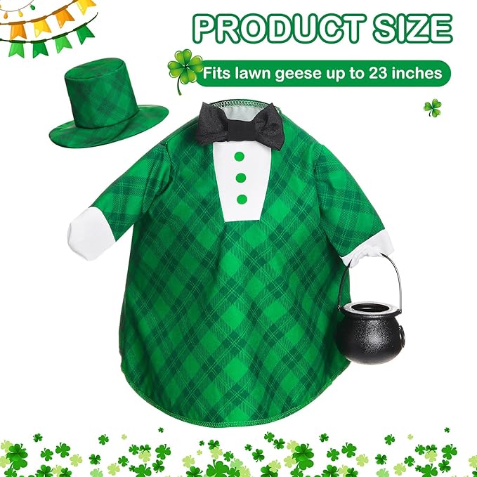 St Patrick's Green Plaid Goose Outfit Lawn Porch Goose Clothes 23 Inch St Patricks Day Outdoor Patio Yard Lawn Art Decoration