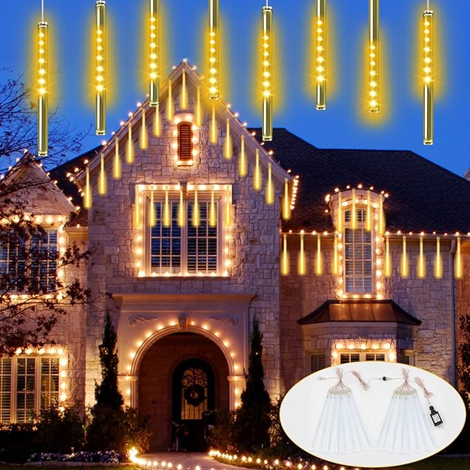 YIQU 2-Pack Extendable Meteor Shower Christmas Lights - 16 Tubes, 384 Led Icicle Lights Perfect for Outdoor, Patio Decorations (Warm White)