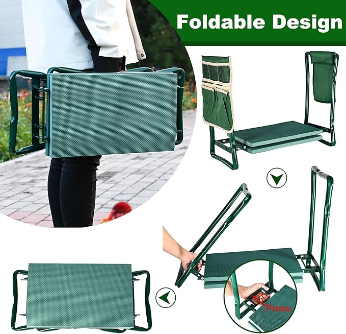 Upgraded Garden Kneeler and Seat with Oversized 10"x16" Pad– Foldable Kneeler and Stool for Gardening, Heavy Duty Gardening Stool with 2 Tool Pouches