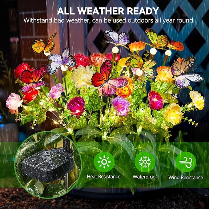 Solar Flowers Lights Outdoor Waterproof, 6 Pack 2 in 1 Solar Butterfly Bouquet for Garden Decor, LED Warm Lighting Garden Lights Outdoor for Pathway Yard Patio Decoration