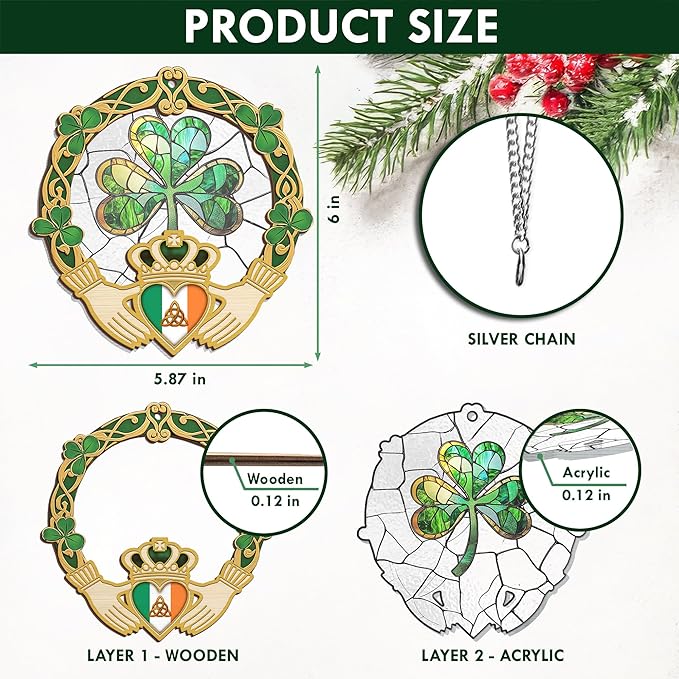 FLAGWIX Irish Gifts for Women, Men - Christmas, Birthday Gifts for Women, St Patricks Day, Shamrock Decorations, Good Luck Gifts, Claddagh, Celtic Home Decor - Window Suncatcher Hanging Decorations