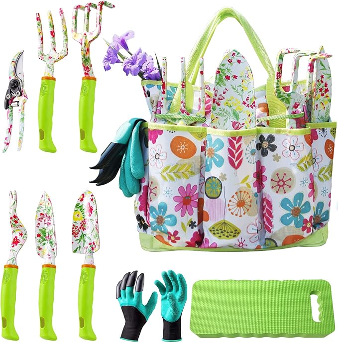 NAYE Garden Tool Set,Cute Gardening Gifts for Women,Birthday Gifts for Mom,Heavy Duty Tool Kit with Gloves,Garden Tote,Kneeling Pad,Hand Pruner,Trowel,Hand Rake,Weeder,Fork,Transplanter,Multicolor