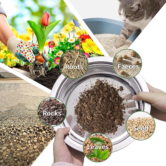 Soil Sifter for Rocks Stainless Steel Compost Sifter with 5 Replaceable Mesh, Dirt Sifter for Gardening Soil Weed Sand Cat Litter Bonsai with Planting Mat,Shovel,Gloves