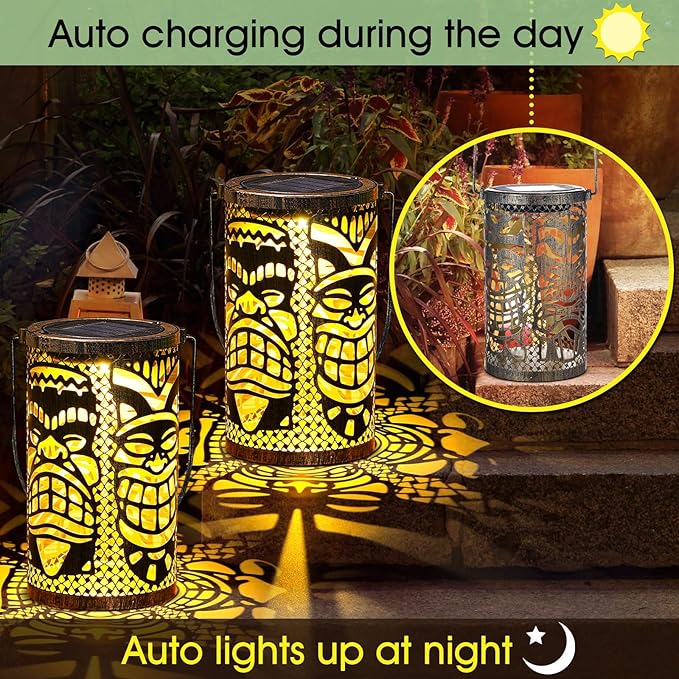 2 Pack Tiki Solar Lanterns Tiki Bar Light Decor Outdoor Waterproof Gifts for Women Men Hanging Lantern Metal Hollowed Out Decor for Summer Garden Patio Lawn Porch Festival Party
