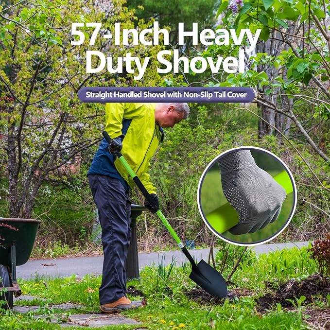 Shovel for Digging, Heavy Duty Shovel for Digging, 57 Inch Straight Handled Round Shovel with Non-Slip Tail Cover, Lawn and Yard Tools, Fiberglass Handle(Green)