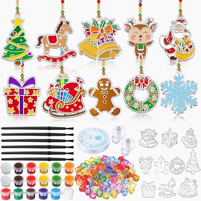 30 Sets Suncatchers Window Art Kits, DIY Sun Catchers Bulk Crafts Paint Your Own Window Ornaments for Boys Girls Classroom Home Party Birthday Activity Decor(Christmas Style)